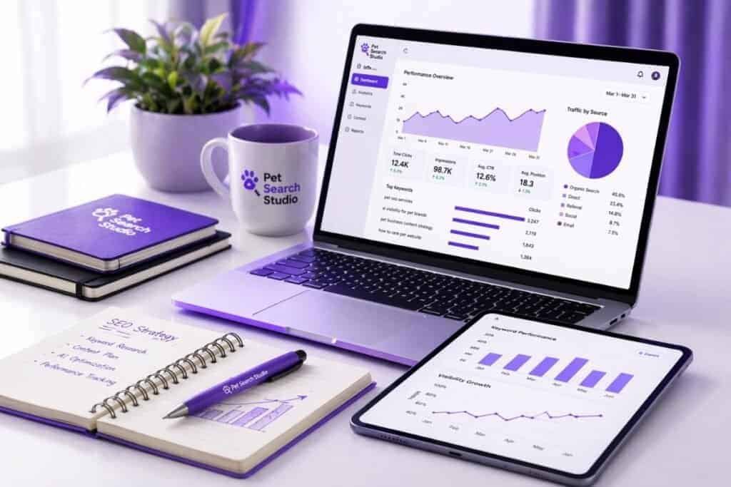 Laptop displaying SEO analytics dashboard with purple branded charts, notebook and smartphone on a modern workspace desk