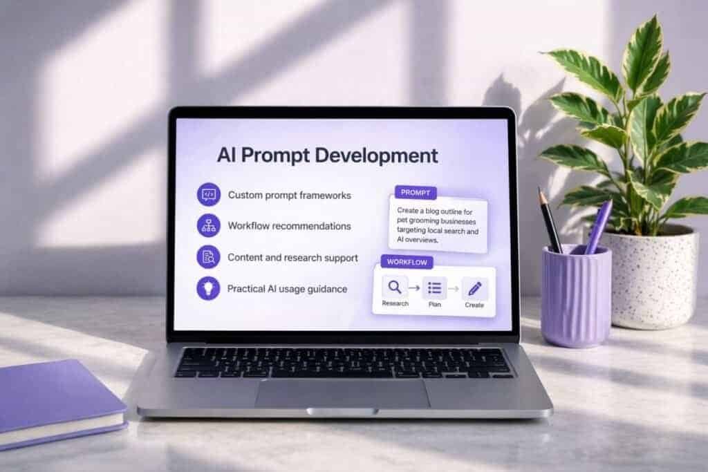 Laptop showing AI prompt development for SEO content workflows including custom prompts, research support, and workflow recommendations