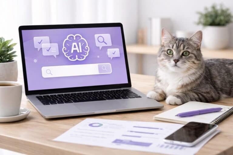 Laptop displaying AI search interface with a cat beside it, representing AI search optimization for a pet business