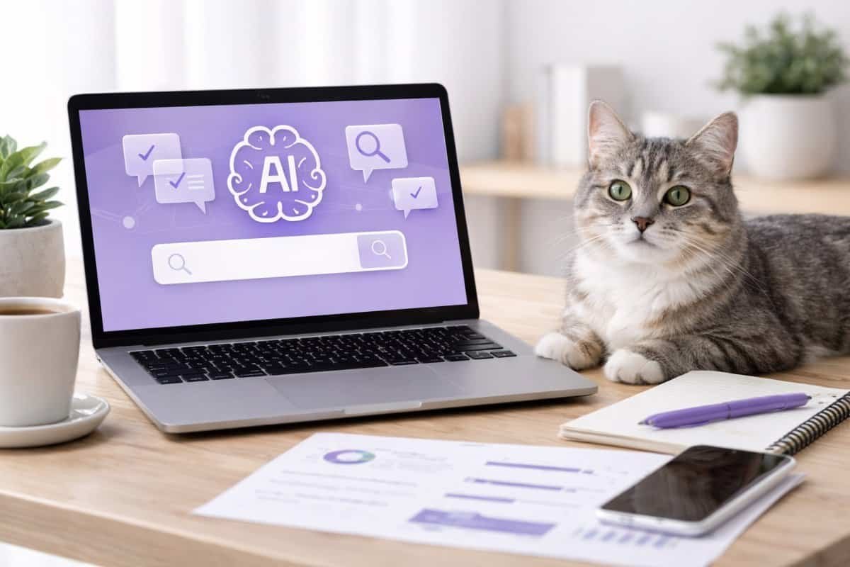 Laptop displaying AI search interface with a cat beside it, representing AI search optimization for a pet business
