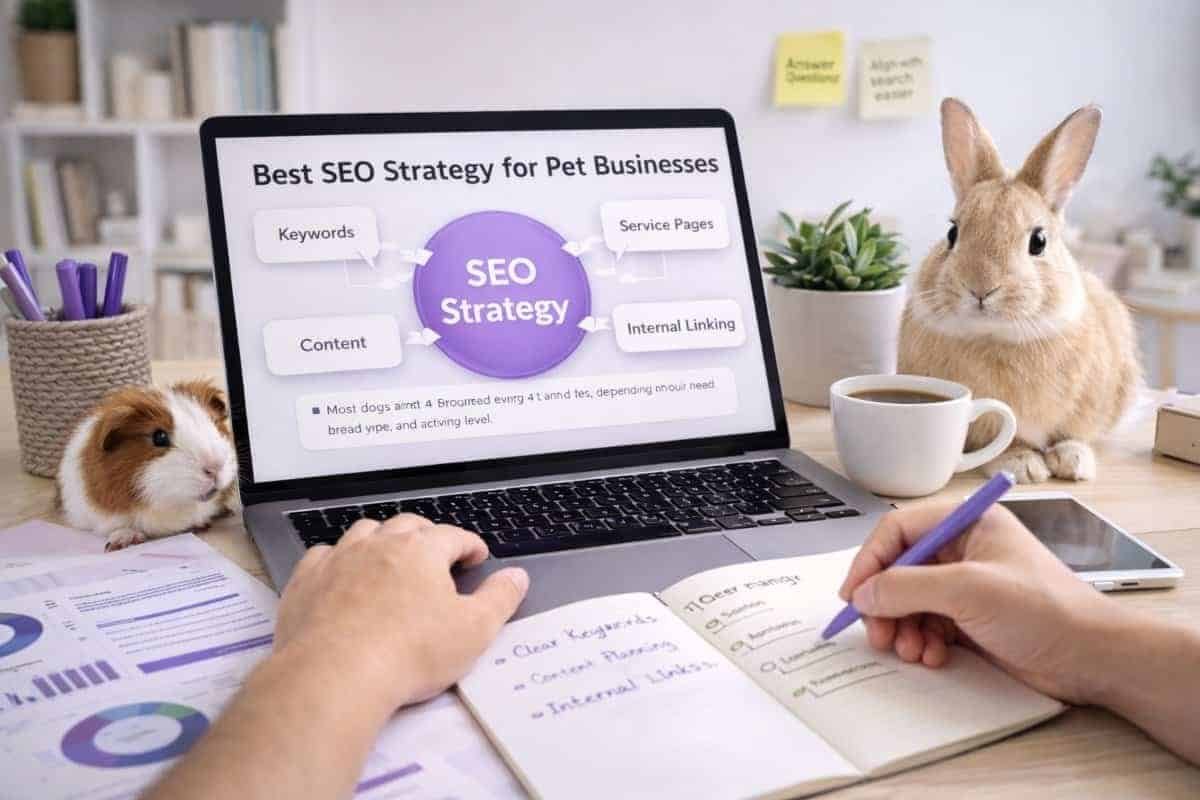Person planning an SEO strategy on a laptop with a rabbit and guinea pig nearby, representing pet business SEO and content planning