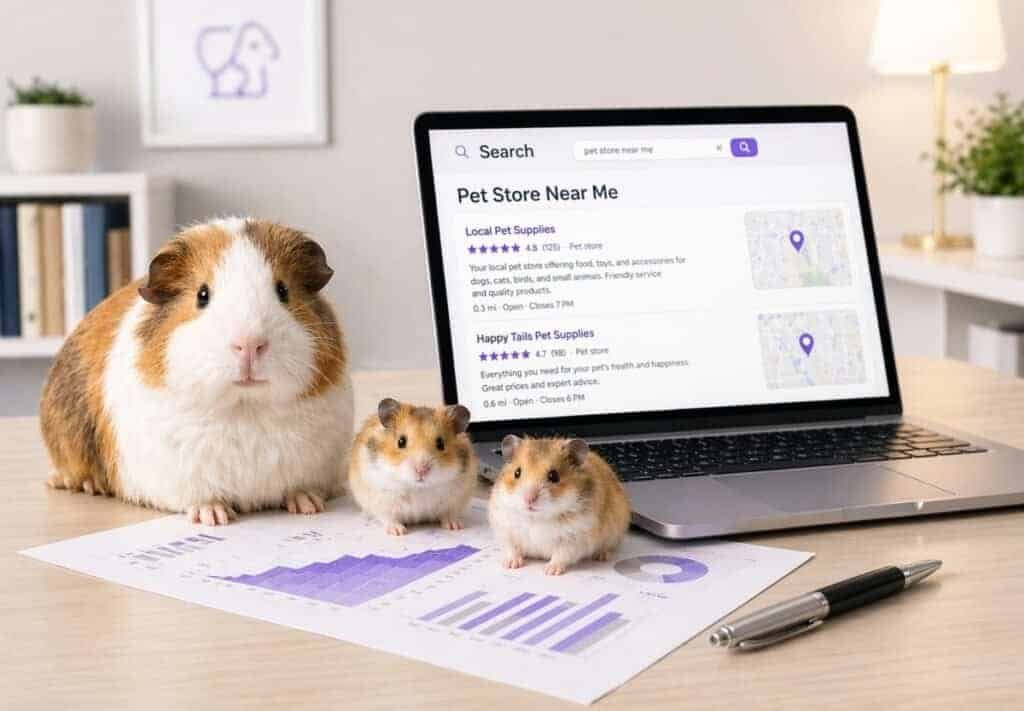 Local search results for a pet store displayed on a laptop