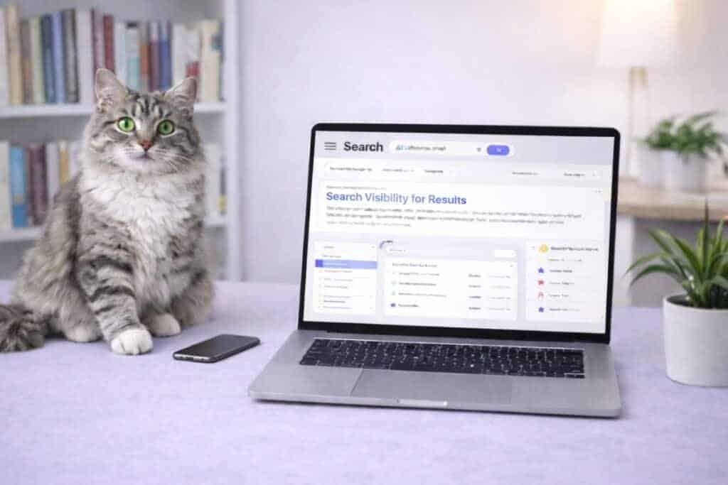Cat sitting beside laptop showing search and AI visibility analytics for pet brand marketing strategy