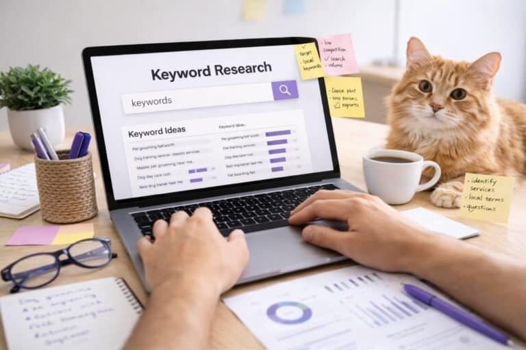 Person researching pet business keywords on a laptop with notes and a cat nearby, representing SEO keyword research