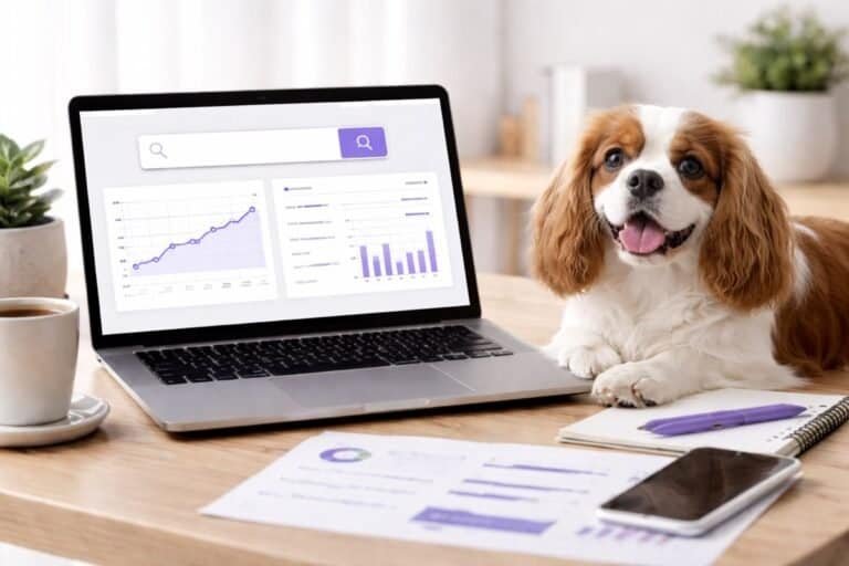 Laptop displaying SEO analytics with a Cavalier King Charles Spaniel beside it, representing a pet business getting more clients through search visibility