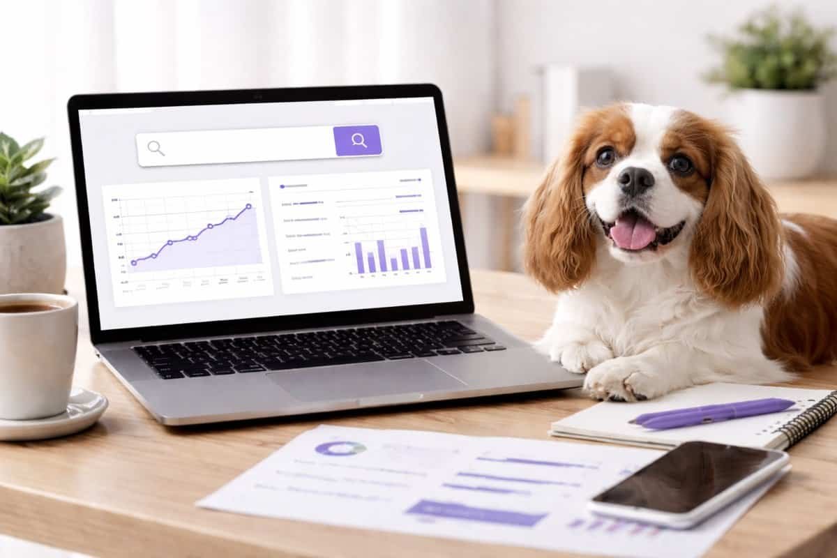 Laptop displaying SEO analytics with a Cavalier King Charles Spaniel beside it, representing a pet business getting more clients through search visibility