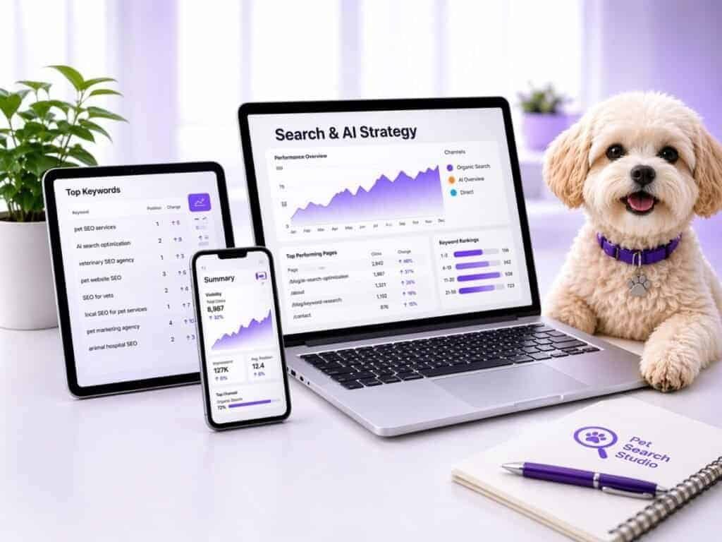 Search and AI visibility dashboard displayed across laptop, tablet, and phone with a dog representing a pet brand in a modern workspace