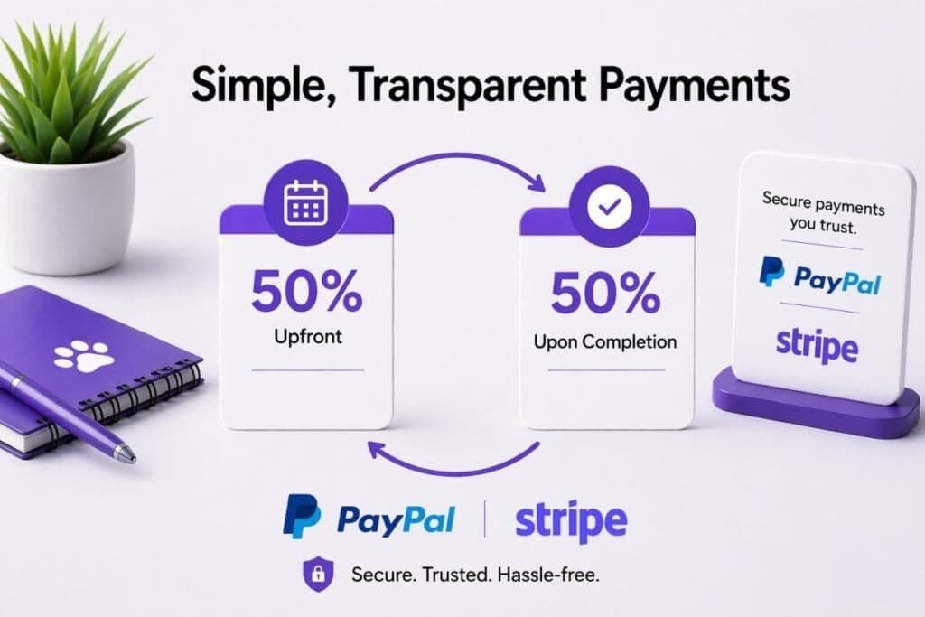 Simple transparent payment plan showing 50 percent upfront and 50 percent upon completion with PayPal and Stripe for pet SEO services