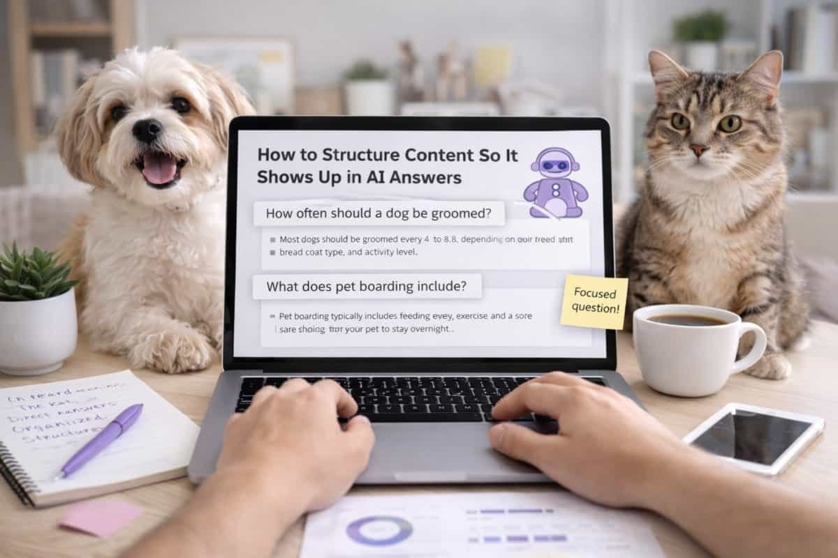 Person structuring content on a laptop with a dog and cat nearby, representing how pet businesses optimize content for AI search