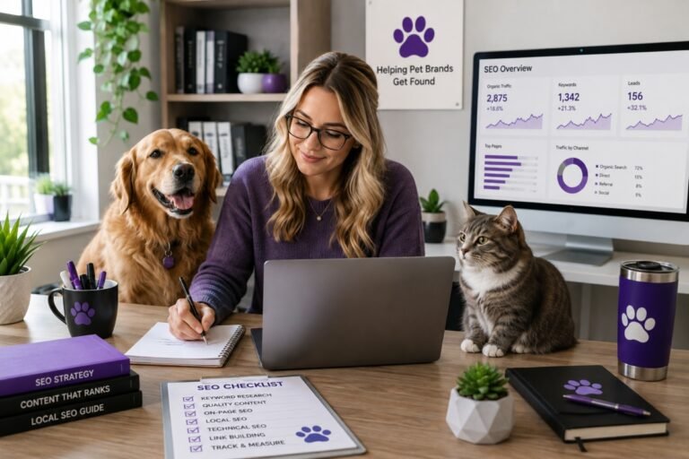 Pet business owner planning an SEO strategy with a laptop, notebook, and pets in a professional workspace.