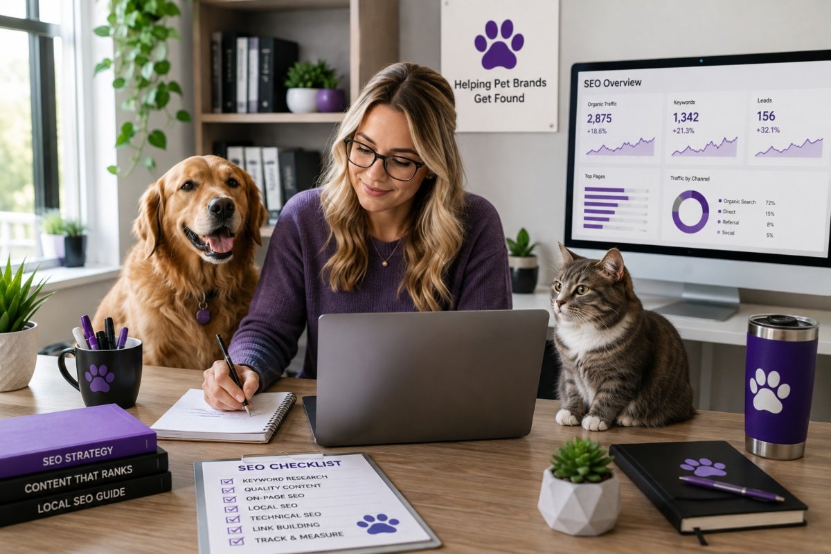 Pet business owner planning an SEO strategy with a laptop, notebook, and pets in a professional workspace.