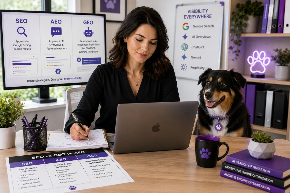 Pet business marketing professional comparing SEO, GEO, and AEO strategies in a modern office with pets nearby.