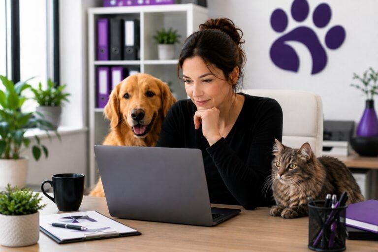 Pet business owner reviewing website search performance on a laptop with dogs and cats in a modern office.